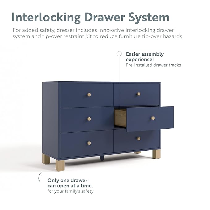 Storkcraft California 6 Drawer Double Dresser (Midnight Blue with Driftwood) – GREENGUARD Gold Certified, Spacious Storage Organizer for Kids’ Room, Safety Interlocking Drawer System