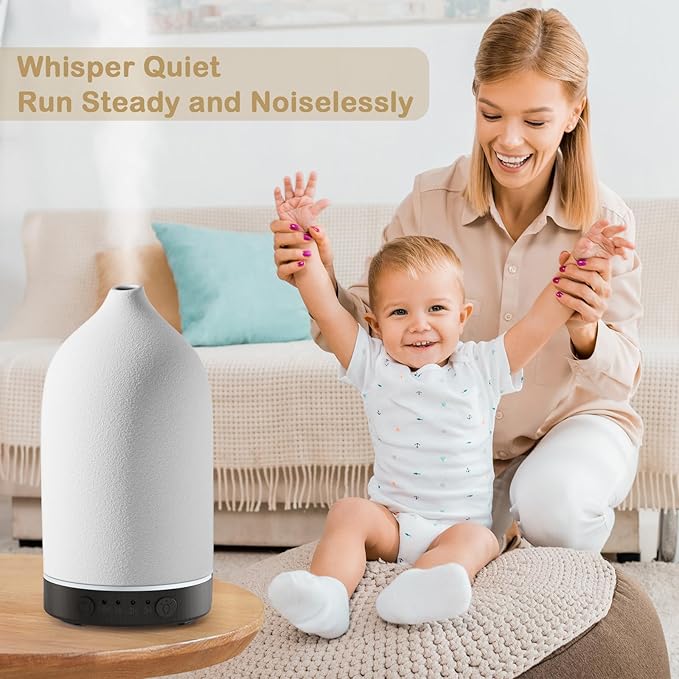 Diffuserlove Ceramic Diffuser 160ML Essential Oil Diffusers Aromatherapy Essential Oil Diffuser for Room Air Diffuser for Home Bedroom Stone Diffuser Black Wood Pattern Base (Size:6.8" H x 3.6" W)