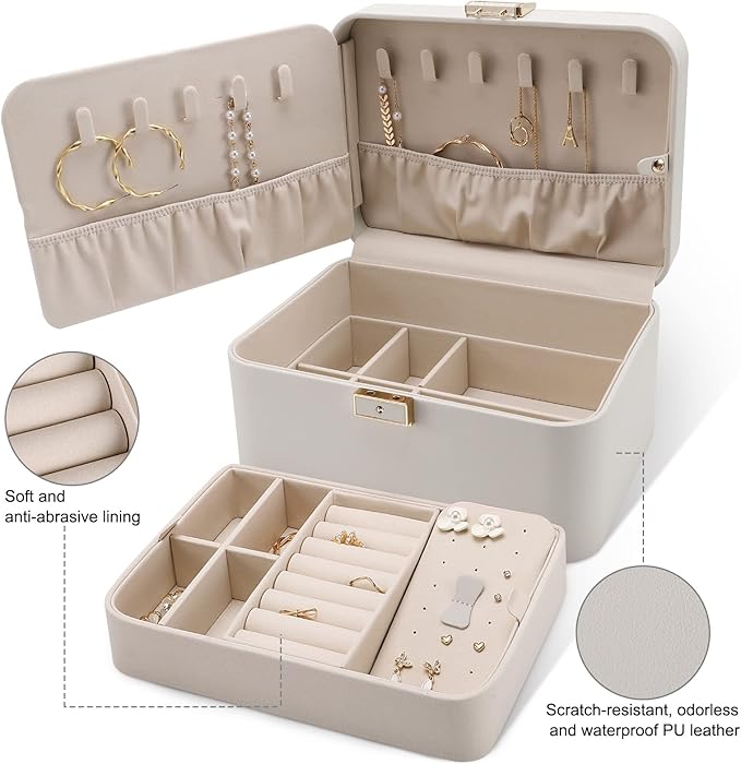 KAMIER Jewelry Box, 2 Layers PU Leather Jewelry Organizer Box, Large Capacity, Double Lock and Large Mirror, Hidden Necklace Hooks, Removable Dividers, Grey