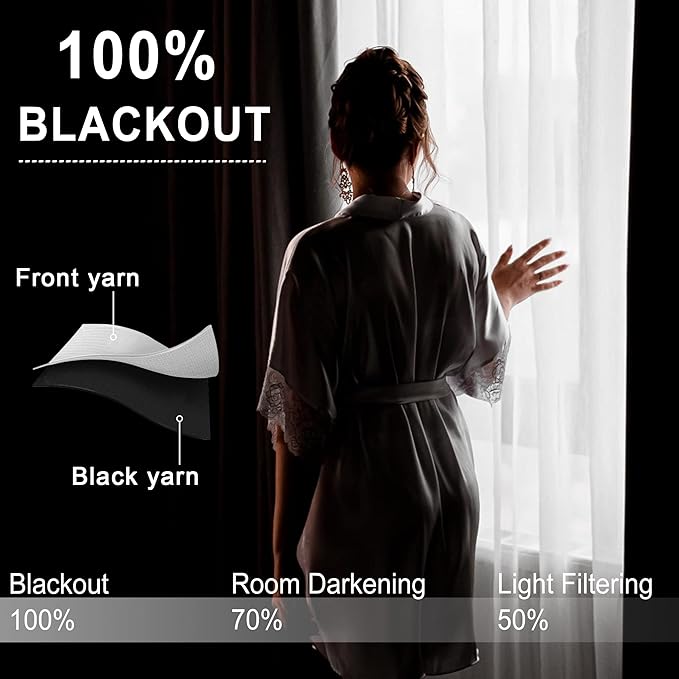 XWZO 100% Blackout Curtains 63 Inches Long with Tiebacks - Heat and Full Light Blocking Thermal Insulated Window Panels for Bedroom/Office, Rod Pocket, Black, W52 x L63, Set of 2