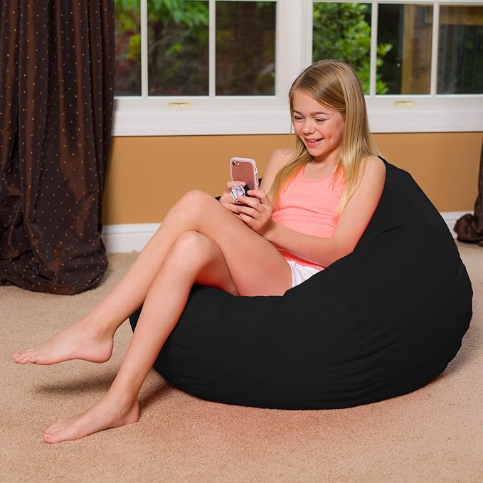 Posh Creations Bean Bag Chair Round EPS Filled Seat for Toddlers and Kids, Comfy Chair for Children, Large 38 Inch, Nylon - Solid Black