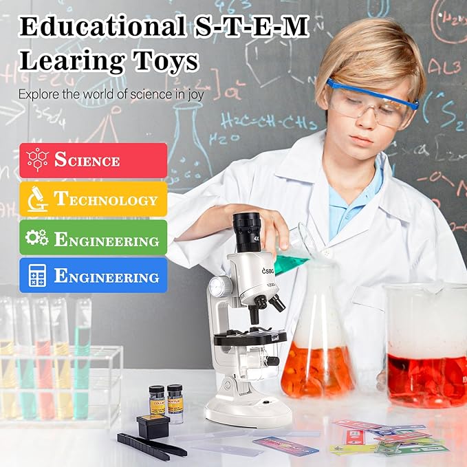 Little World Microscope for Kids, 100x 400x and 1200x Science Kits for Kids Age 5-7 Age 8-12, Microscope Beginner Kit with LED, Learning Resources Toys, Science Experiment STEM Kits, White