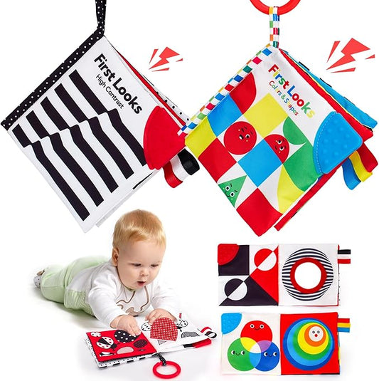 hahaland Baby Books 0-6 Months - 2PCS Infant Toys 0-6m Tummy Time Babies Toy Newborn Toys High Contrast Visual Development Sensory Book Baby Girl Boy Shower Gift