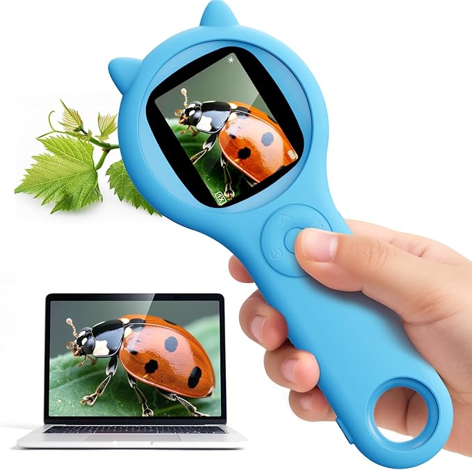 Kids Magnifying Glass Educational Science Kit - Mini LED Pocket Microscope for Kids(3-10 Years) - Durable Design - Ideal Gift for Girls (Blue)