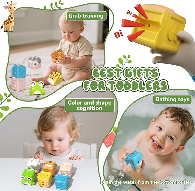 Animal Soft Gel Stacking Block Set Soft Silicone Baby Blocks Toys for 18 Months to 3 Years Old Early Learning Touch Bath Educational Toys with Numbers Animals Fruits Texture