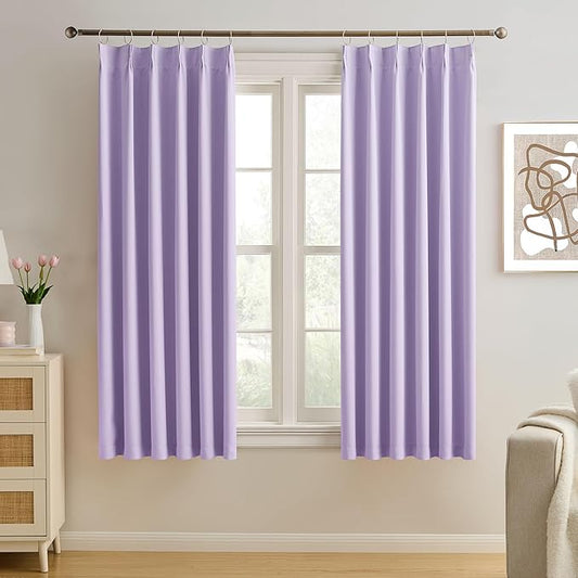 KEQIAOSUOCAI Pinch Pleated Lavender Blackout Curtains 63 Inches Long, Sound & Light Reducing Room Darkening Drape for Girl's Bedroom(Lavender, 2 Panels, W40 x L63)