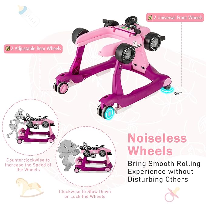 BABY JOY 4-in-1 Baby Walker, Foldable Activity Walker with Adjustable Height & Speed, Music, Lights, Steering Wheel, Comfy Seat Cushion, Activity Baby Push Walker for Boys Girls Aged 6 –18 (Purple)