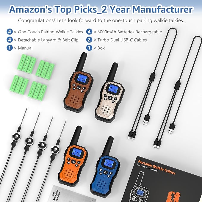 2 Way Radios for Adults Long Range Walkie Talkies for Kids Rechargeable 4 Pack, Camping Hiking Skiing Cruising Gear with Lamp, USB-C, SOS Siren, NOAA Alert, iVOX Hands-Free, One-Touch Pairing