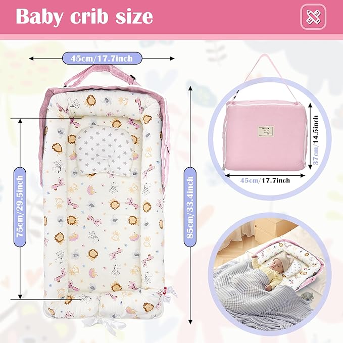 Baby Lounger for Tummy Time Portable,Baby Play mat with Strap,Newborn Lounger Inner Zipper for Boys Girls 0-24 Months,Animal World Pink