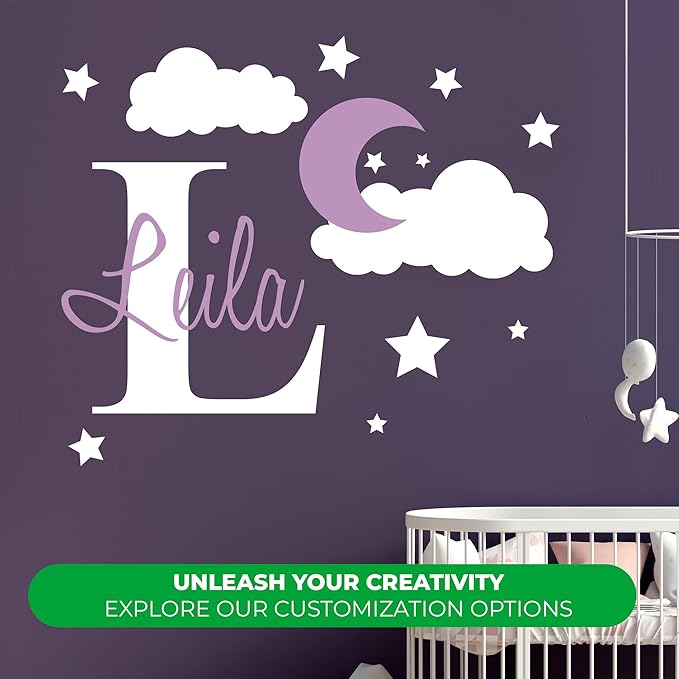 e-Graphic Design Inc Custom Name & Initial Moon Clouds Stars - Baby Boy - Nursery Wall Decal for Baby Room Decorations - Mural Wall Decal Sticker for Home Children's Bedroom (Wide 32" x 24" Heigh)