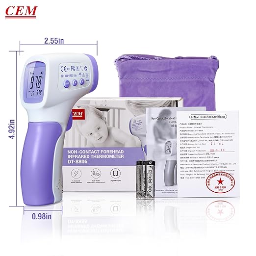 CEM DT-8806 Digital Thermometer for Adults and Kids, No Touch Forehead Thermometer for Baby, 2 in 1 Body Surface Mode Infrared Thermometer with Fever Alarm and Instant Accuracy Readings, Purple