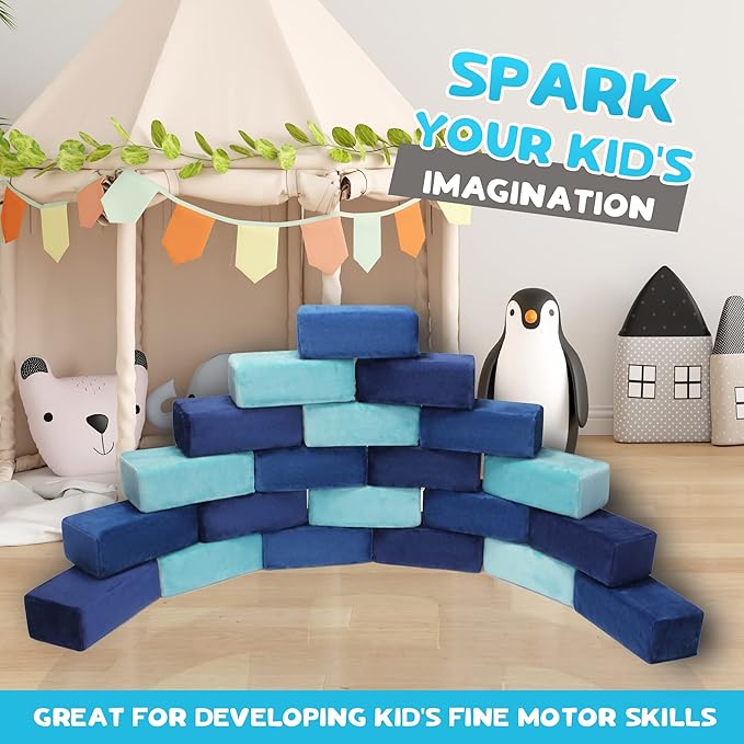 The Original Premium Plush Building Block for Kids - Certified Safe Foam Blocks in Luxuriously Soft Fabric Covers - Set of 24 (Ocean)