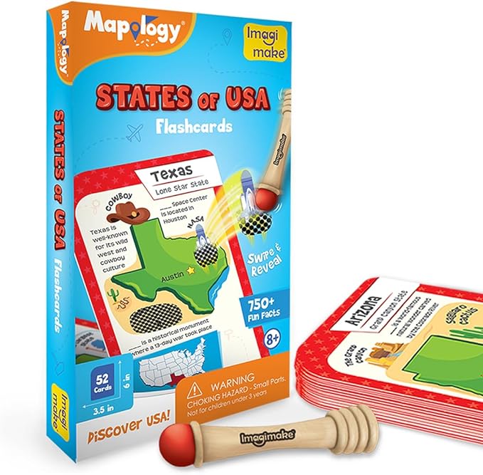 Imagimake Mapology USA Flash Cards | Learn United States Along with Flags and State Shapes | Ages 8-12 | Foam Jigsaw Puzzle, Fun Facts, Educational Toy for Kids | Gift for Christmas and Birthdays