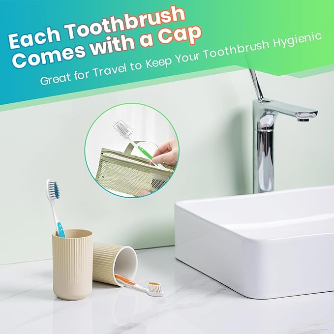 100 Bulk Toothbrushes Pack with Covers, Individually Wrapped Toothbrushes for Adults & Kids, Disposable Toothbrush for Travel, Donations, Hotels, Medium Soft Toothbrushes with Hygienic Cap