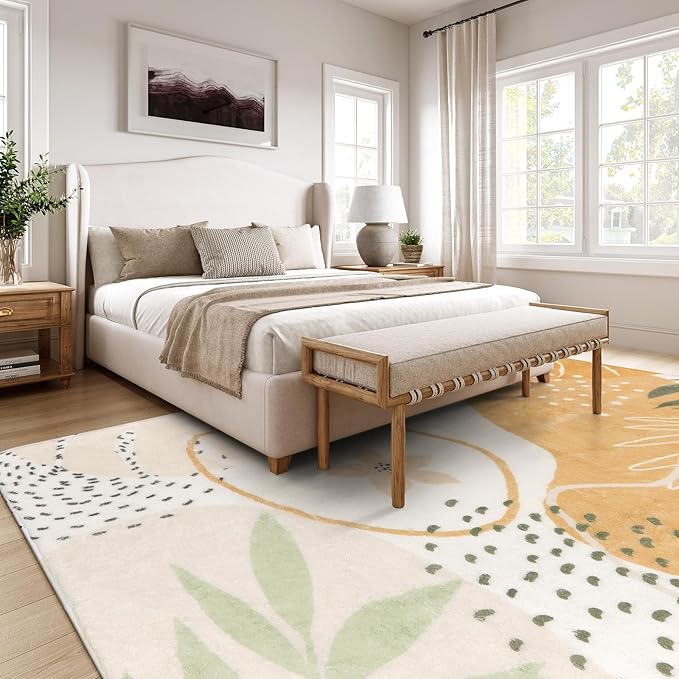 Lahome Boho Rugs for Living Room 8x10 - Washable Non-Slip Backing Large Carpet Ultra-Thin Throw Soft Bedroom Area Rug，Taupe Botanical Print Ultra-Thin Rug for Classroom Nursery Dining Room Farmhouse