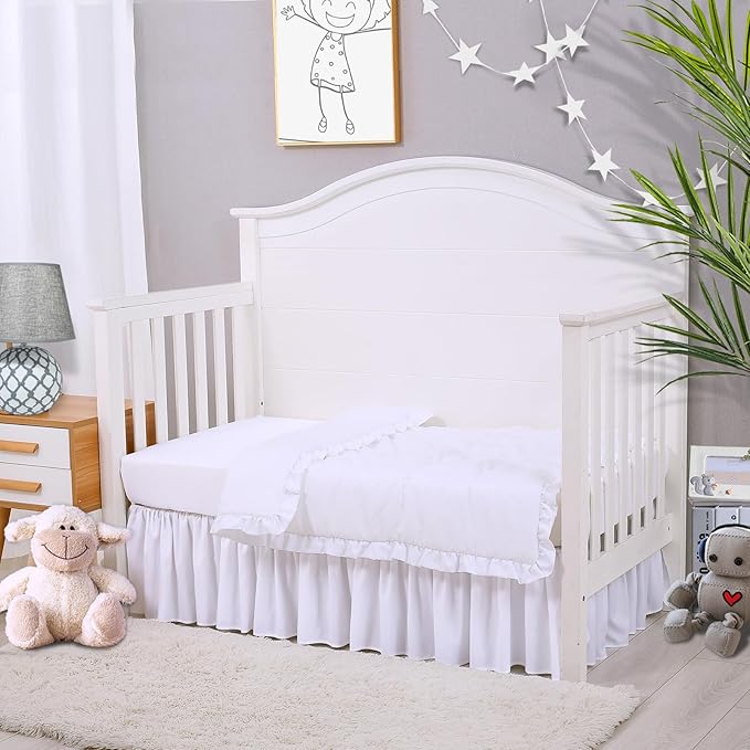 Cloele 3 Pieces Baby Crib Bedding Set- Solid Ruffle Quilted Set Includes Comforter Fitted Sheet Crib Skirt for Boys and Girls - Cute Ruffled Nursery Crib Standard Size Baby Bedding Set White