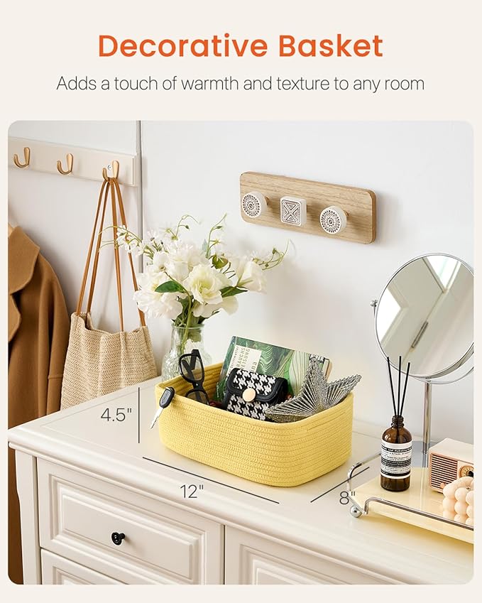 KALLAX Small Woven Basket, 12 x 8 x 4.5 Inches, Storage Basket for Organizing, Cute Small Rope Shelf Closet Cube Storage Bins Baskets for Shelves, Dog Toy Gift Baskets Empty, 3 Pack Yellow