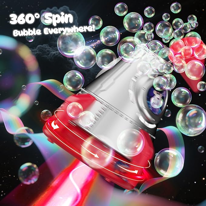 Rocket Bubble Machine for Kids with Lights, 360° Rotating Bubble Blower Toy with 10 Refill Solutions, Bubble Maker for Toddlers, Fun Outdoor Party Gift for Boys & Girls RED