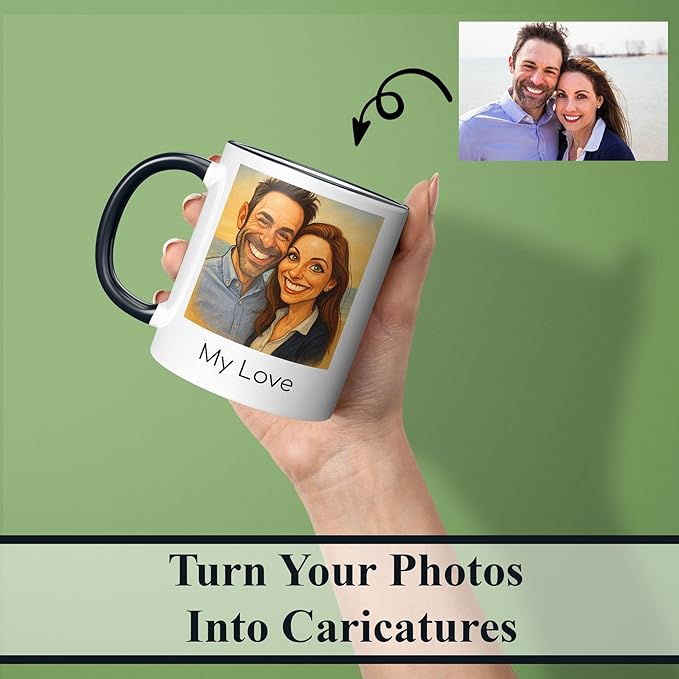 Personalized Coffee Mug, Custom Photo Caricature Gift, Funny Customized Coffee Gift for Men & Women, Custom Mugs with Pictures, Green 15oz Father's Day Mug