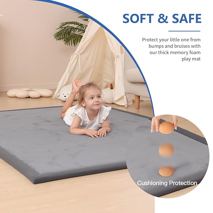 Baby Play Mat for Floor,1.3" Thick Elasti-Foam 74×50 Playpen Mat for Toddlers Infant kids,Water-Repellent Soft Coral Velvet for Tummy Time, Non-Slip Backing for Crawling,Tatami Style(Dark Grey)