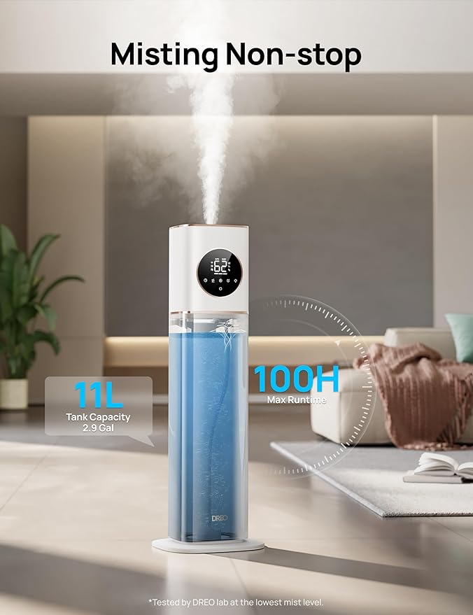 Dreo 11L Smart Humidifier Large Room 700 ft², 100H Cool Mist Air Humidifiers for Bedroom Baby Plants, Top-Fill Self-Cleaning Tank, 26dB, Auto Mode, RGB Light, Remote & APP Control, HM735S White