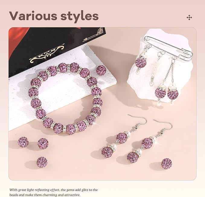 160pcs 10mm Rhinestone Beads for Jewelry Making, Light Purple Shiny Round Disco Beads Bulk, Sparkle Crystal Clay Christmas for Bracelet Baseball Necklace Earring Crafting and DIY