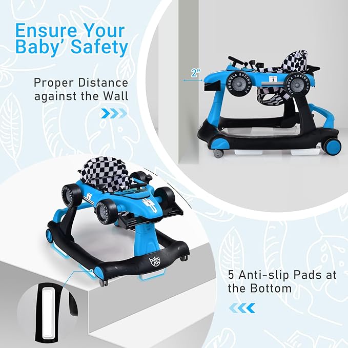BABY JOY 4-in-1 Baby Walker, Foldable Activity Walker with Adjustable Height & Speed, Music, Lights, Anti-Rollover, Toddler Push Walker, Baby Walker with Wheels for Boys Girls 6-18 Months (Blue)