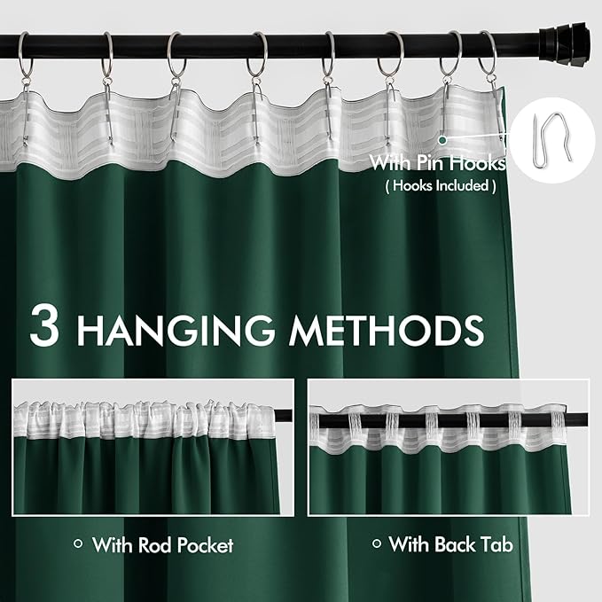 MIULEE Hunter Green Back Tab Blackout Curtains 108 Inch Long 2 Panels Set for Living Room Bedroom, Rod Pocket/Pinch Pleat Extra Long Thermal Insulated Room Darkening Pleated Window Drapes