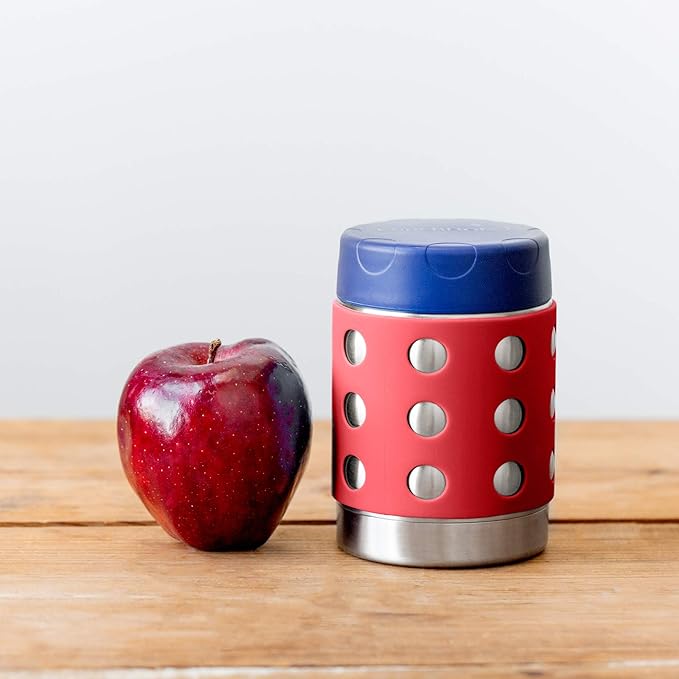 LunchBots Thermal 12 oz Triple Insulated Thermos - Hot 6 Hours or Cold 12 Hours - Leak Proof Thermos Soup Jar - All Stainless Interior - Navy Lid - Red Dots