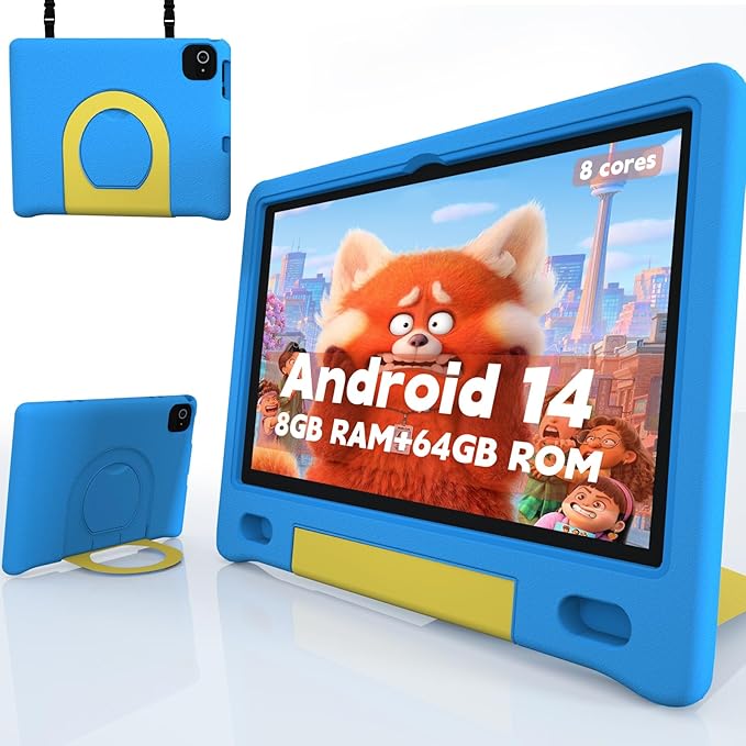 Kids Tablet with Strap, Android 14 Tablet for Kids 10 inch, Toddler Tablets Octa-Core 64GB 1TB Expandable, Children's Tablets with Case, Bluetooth WiFi Parental Control Dual