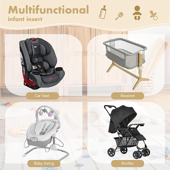 Infant Car Seat Insert, 2-in-1 Head & Body Carseat Support for Baby Newborn Toddler with Strap Covers, Reversible Ultra-Soft Cushion for Baby Carseat, Stroller, Swing & Bouncer