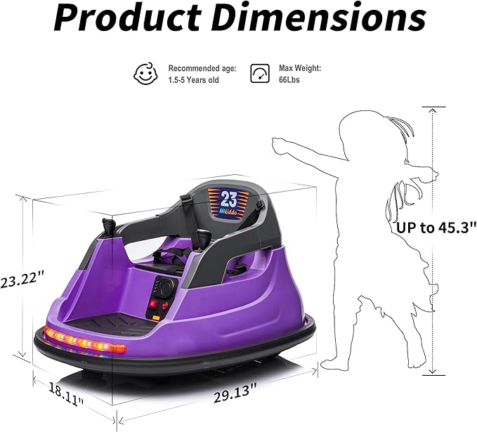 Baby Bumper Car, 6V Electric Kids Bumper Car for Toddlers with Remote Control, Bluetooth - Purple