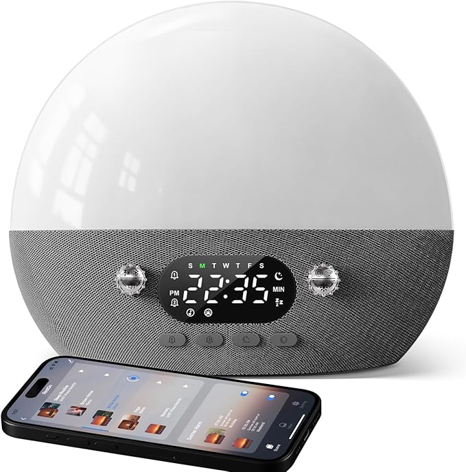 Dekala Smart Sunrise Alarm Clock with Wireless Charging for iPhone 14 13 12 Apple Watch AirPods Samsung, White Noise Sleep Sounds Machine, Nursery Night Light for Heavy Sleeper