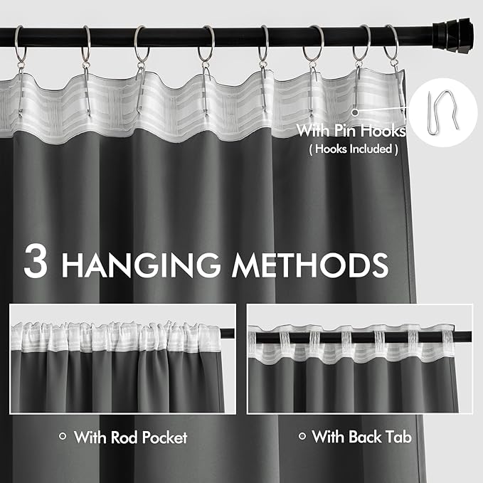 MIULEE Grey Back Tab Blackout Curtains 72 Inch Length 2 Panels Set for Living Room Bedroom Privacy, Rod Pocket/Pinch Pleat Thermal Insulated Room Darkening Pleated Light Blocking Drapes