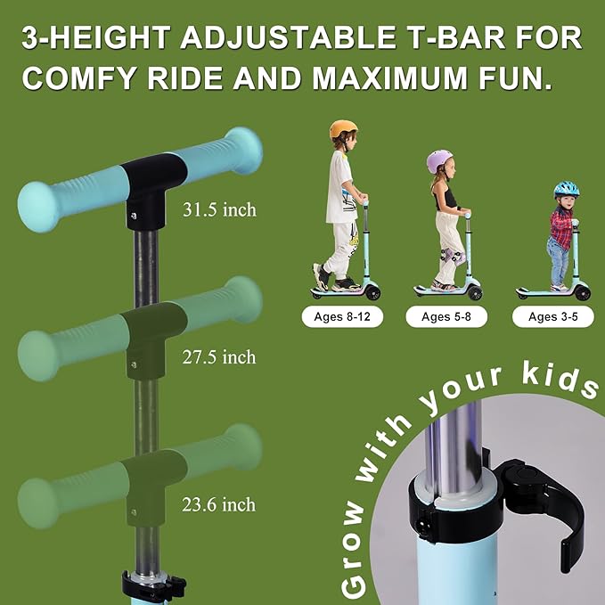 3-Wheel Light-Up Kids Scooter, 20 Different Light Patterns,Three Adjustable Heights,Lean to Steer, Balance Scooter for Ages 3-8