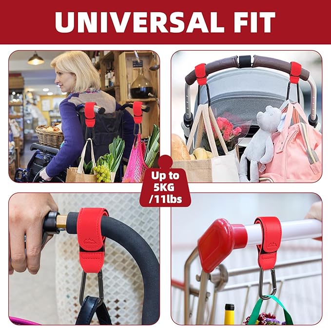 Baby Stroller Hooks Bag Hooks for Hanging Diaper Bags Multipurpose Hooks for Grocery Shopping Bags Premium Vegan Leather Pram Straps 2 Pcs (red)