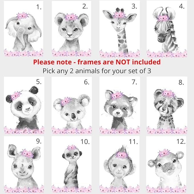 Safari Animals Girls Nursery Bedroom Unframed Set of 3 Poster Prints, Personalized Name Pink or Purple Flowers Wall Art Decor New Baby Gift Present, Elephant Giraffe Panda Zebra Lion (12x16)