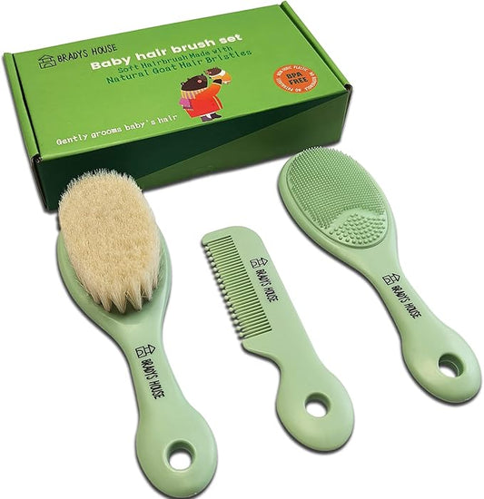 3 Piece Baby Hair Brush & Comb Set for Newborns- Soft Goat Bristle Hair-Brush, Silicone Bath Brush and Plastic Comb for Infant, Toddler, Kids - Baby