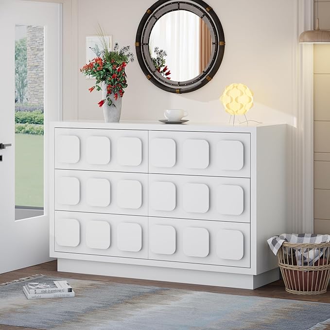 Anbuy White Baby Dresser for Bedroom, Dresser for Baby with 6 Drawers, Storage and Organization Unit with Square Handles, for Nursery, Kids