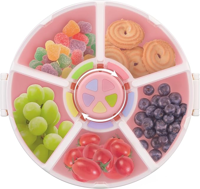 Kids Reusable Rotating Snack Container with 5 Separate Compartments, Color Matching Opening Lid, BPA/PVC-Free, Dishwasher Safe, Perfect for Travel, School Lunches & On-the-Go Snacking-Pink