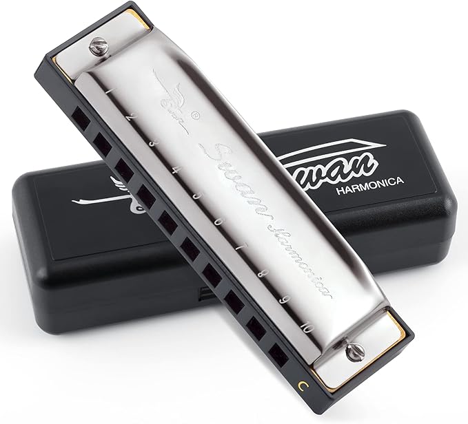 SWAN Blues Harmonica C Key for Kids Adults, 10 Hole Diatonic Harmonica Key of C, Metal Blues Harp for Beginners Students, Mouth Organ in Case, Silver