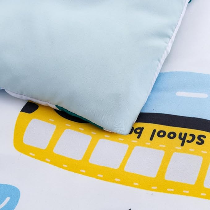 NTBED 4 Pieces Construction Toddler Bedding Set for Baby Boys, Truck Vehicles Excavator Cars Printed, Includes Comforter, Flat Sheet, Fitted Sheet and Pillowcase,Light Blue