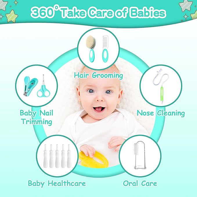 Baby Healthcare and Grooming Kit, 21 in 1 Portable Baby Essentials Kit with Gas Relief Hair Brush Comb Nasal Aspirator for Newborn Boys Girls (21 Kits-Green)