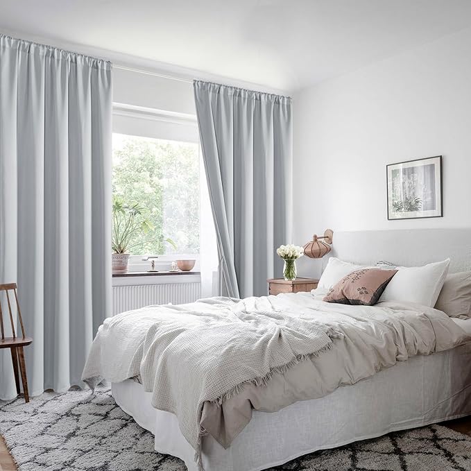 XWZO 100% Blackout Curtains 63 Inches Long with Tiebacks- Rod Pocket Heat and Full Light Blocking, Thermal Insulated Window Panels for Bedroom/Nursery, Light Grey, W60 x L63, Set of 2 Draperies