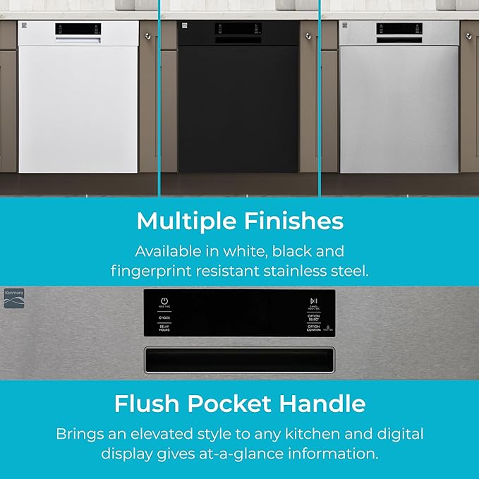 Kenmore 24" Built-in Stainless Steel Tub Dishwasher EasyFlex 3rd, SmartWash, UltraWash Plus, TurboDry, and MoreSpace Adjustable Rack, Energy Star Certified, White