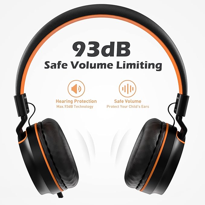 AILIHEN Kids Headphones, I35 On-Ear Headphones for School, Safe Volume 93dB, HD Mic Stereo Headphone for Kid Girls Boys, Foldable 3.5mm Wired for Chromebook, Laptop, Computer, Tablet (Black Orange)