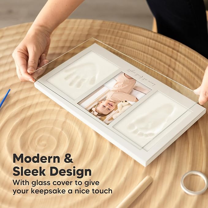 Baby Hand and Footprint Kit - Clay Handprint Keepsake Frame, Newborn Nursery Picture Frame, Personalized New Mom Gifts for Baby Shower & Registry (Medium Oak)