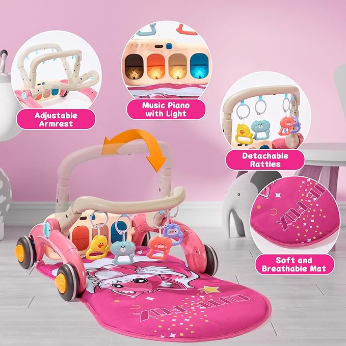 Baby Play Gym Walker Kick and Play Piano Gym for Boys Girls Play Mat Musical Tummy Time Mat Infant Christmas Newborn Gifts Toddlers (Fox Upgraded)
