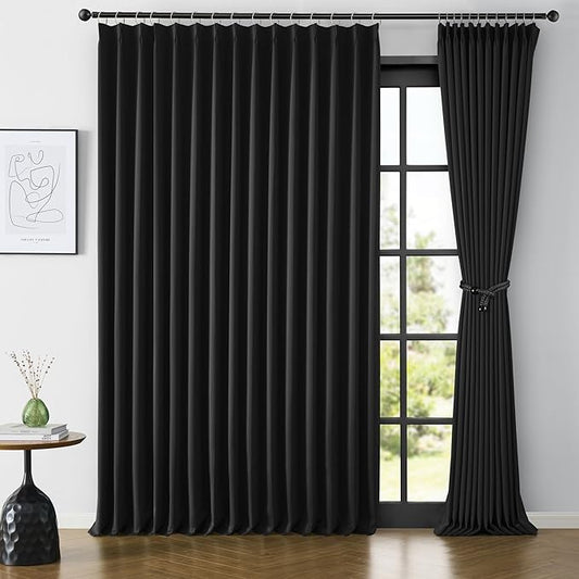 KEQIAOSUOCAI Extra Wide Black Pinch Pleated Curtains 100 x 102, Thermal Insulated Noise Cancelling Living Room Drapes 102 inches Long, Patio Sliding Glass Door Window Curtain 2 Panels