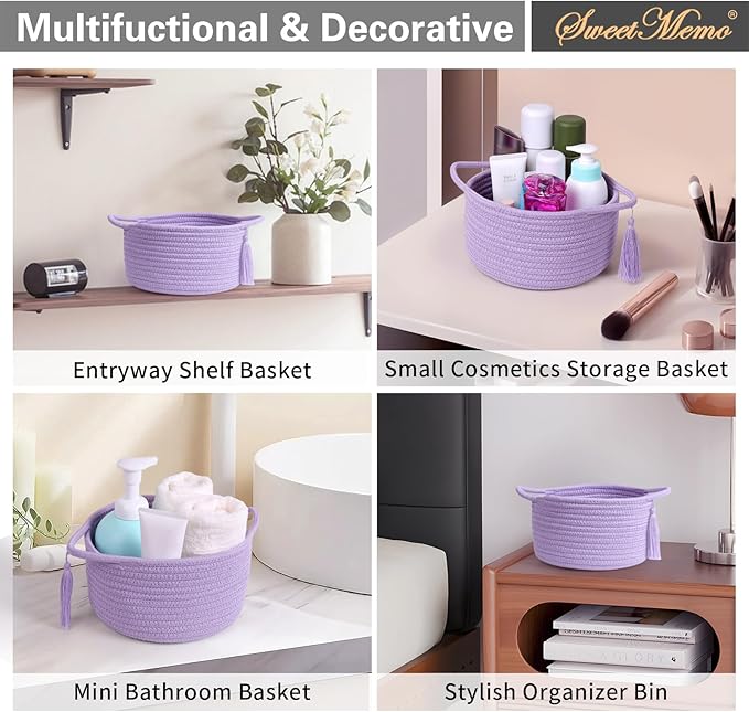 Small Purple Basket, Cute Woven Gift baskets with Cellophane Wrap set for Girl, Decorative Cotton Rope Container Bin, Little Makeup Brushes Holder for Bathroom Counter, Vanity, Cosmetics – lavender